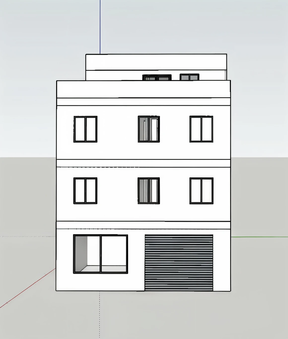 a drawing of a building with a garage and a garage door,   buildings opposite  , front  view height  ,  view height  ,  complete house  , frontview, front-view,   whole building  , 3/4 view realistic, realistic building,  look at the front ,  outside 2022 ...