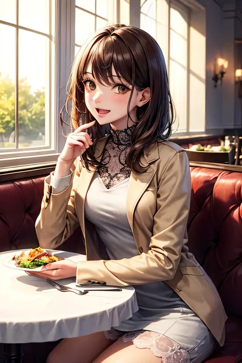 A poised LADY,chestnut-colour medium length hair,((( brown eyes))),In a soft lavender lace dress and beige short jacket, she sits at a table in an elegant French restaurant,Sunlight streams through the window,(open mouth),smile,Salad on tableware