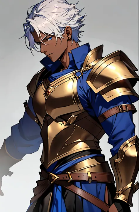 ((Masterpiece)) ((Best quality)) male focus, solo, portrait, ottoman turkish warrior, 1 mature male, fantasy, (muscular 2.0), (dark skin 2.0),  white hair, detailed blue eyes, (pride), fantasy armor, shoulder armor, no background, 8k