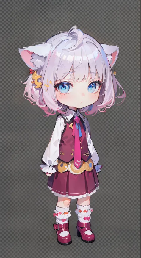 This is a chibi-style anime character with a melancholic expression. She has short, wavy hair that transitions from a soft pastel pink at the bottom to a silvery-white at the top, giving it a magical, dreamy appearance. Her hair features cat-like ears, a s...