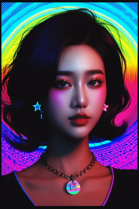 Expressionist artwork image of a kpop idol, portrait, korean woman, colorful, color splash, neon colors, make it weird and gallery worthy, psychedelic, 60s, trippy, 