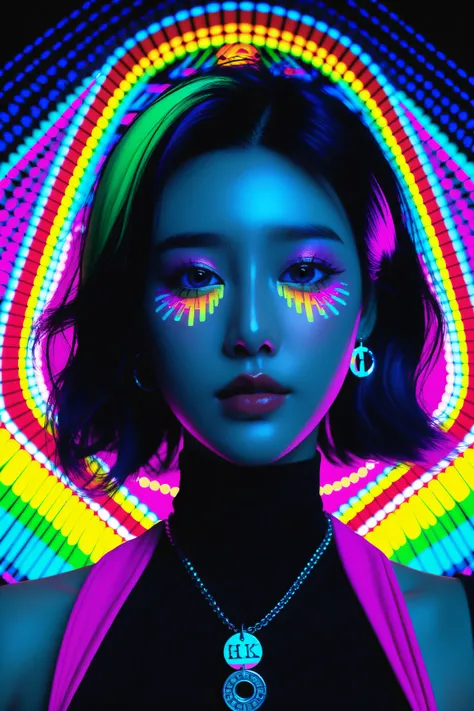 Expressionist artwork image of a kpop idol, portrait, korean woman, colorful, color splash, neon colors, make it weird and gallery worthy, psychedelic, 60s, trippy, 