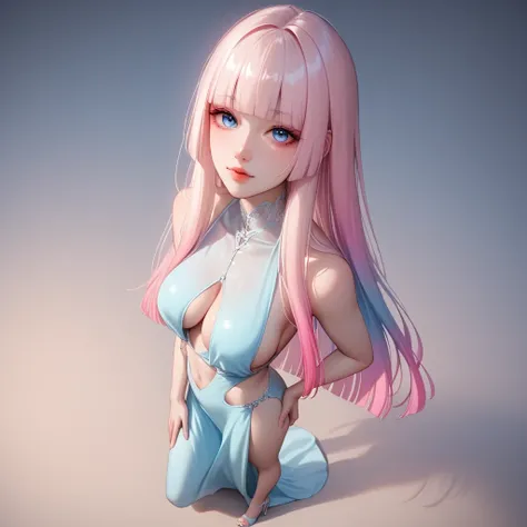 hand on own ass, ((Pastel pink black, hair, gradient hair ), best quality 、 Masterpiece、( professional lighting )、 surreal、 ,(erect nipples:0.35), Charming、 slender supermodel 、 one adult female , (wide shot, full body, Head-to-toe shot, (from above:1.2), ...