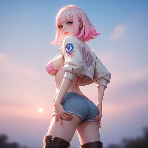 hand on own ass, (pastel white pink hair, gradient hair ),top quality、 ( professional lighting without shadows )、 surreal, is fascinating、 figure like a slender supermodel、 1 girl,, ( big breasts, Belly button exposed), ( flat at honny, beautiful skin)), (...