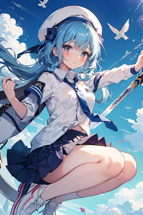 Blue haired girl,  white beret,  falling from the sky , complete anatomy, school uniform, tie, shirt, skirt, white sneakers, sword, blush, , Charm,  underwear, great body, Very far away distance. Anime girl flies over the sky