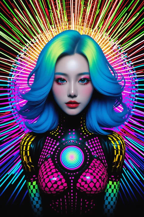 Expressionist artwork image of a kpop idol, portrait, korean woman, colorful, color splash, neon colors, make it weird and gallery worthy, psychedelic, 60s, trippy, robot girl, 