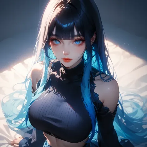 ((pastel blue black, hair, gradient hair ), best quality 、 Masterpiece、( professional lighting )、 surreal、( wearing high heels) , Charming、 slender supermodel 、 one adult female , ((from above, upper body, look at viewer), (slightly larger breasts, midriff...