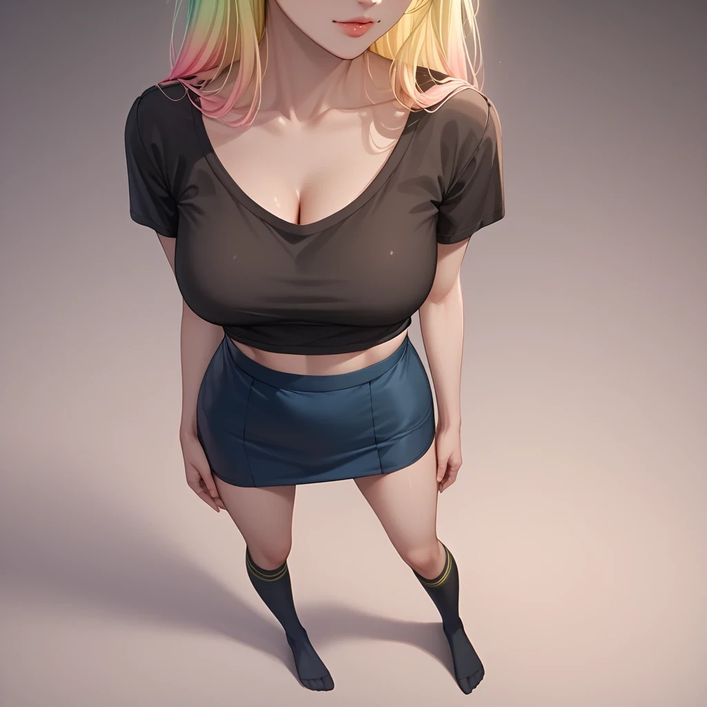 hand on own ass,  (pastel yellow black, hair, gradient hair ), top quality、  Masterpiece、( professional lighting )、  surreal、 (Nipples:0.4), enchanting、  Slim waist、 1 girl, (full body, (Head-to-toe shot:1.4), full body shot, from front, from above,), ( sl...