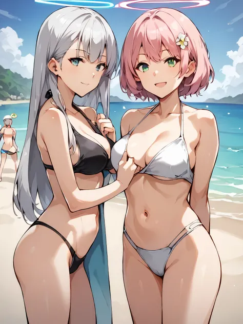  score_9,  score_8_up,  score_7_up,  source_ anime BREAK，nsfw， uncensored，2girls ,  one boy in airspace, (got it_\(green_ archives \)),  halo, pink hair, (Others_\(green_ archives \)),  halo,  Silver Hair,, viewers, ,  bikini, thong ,  beach, expressionles...