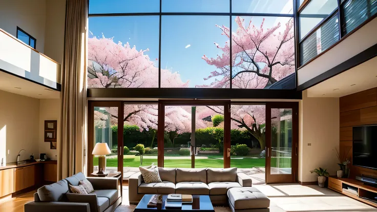 masterpiece, best quality,((Photo-realistic)), living room, ((Stylish)), ((modern)), (wide), ((High ceilings)), (outside a window cherry blossom), (nice view:1.3)