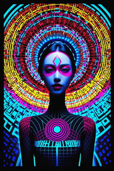 Expressionist artwork image of a kpop idol, portrait, korean woman, colorful, color splash, neon colors, make it weird and gallery worthy, psychedelic, 60s, trippy, robot girl, 