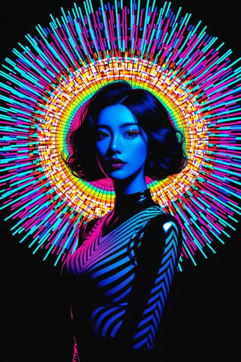 Expressionist artwork image of a kpop idol, portrait, korean woman, colorful, color splash, neon colors, make it weird and gallery worthy, psychedelic, 60s, trippy, robot girl, 