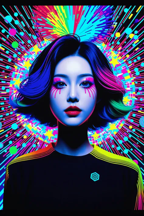 Expressionist artwork image of a kpop idol, portrait, korean woman, colorful, color splash, neon colors, make it weird and gallery worthy, psychedelic, 60s, trippy, robot girl, 