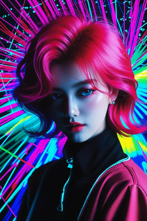 Expressionist artwork image of a kpop idol, portrait, korean woman, colorful, color splash, neon colors, make it weird and gallery worthy, psychedelic, 60s, retro style classic, trippy, robot girl, 