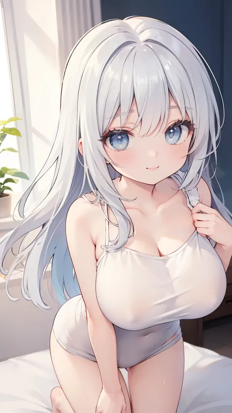 (  Masterpiece  ,    best quality   : 1.4),     Detailed background   ,   room,  soft long hair    ,    light blue eyes ,     cute face ,    shy facial expression   ,  smile,    casual outfit  ,  white t-shirt and white briefs, bare shoulder .   dynamic an...