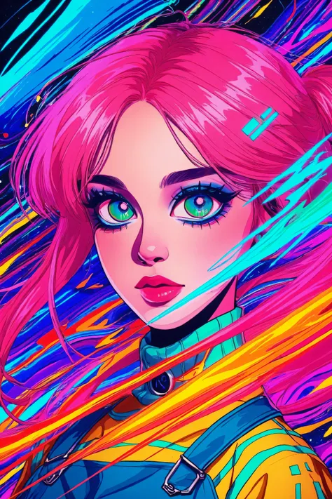 Expressionist artwork image of a kpop idol, portrait, korean woman, colorful, color splash, neon colors, make it weird and gallery worthy, psychedelic, 60s, trippy, robot girl, 