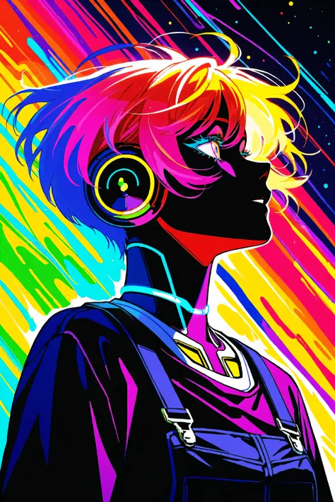 Expressionist artwork image of a kpop idol, portrait, korean woman, colorful, color splash, neon colors, make it weird and gallery worthy, psychedelic, 60s, trippy, robot girl, 