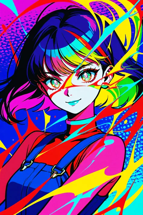 Expressionist artwork image of a kpop idol, portrait, korean woman, colorful, color splash, neon colors, make it weird and gallery worthy, psychedelic, 60s, trippy, robot girl, 