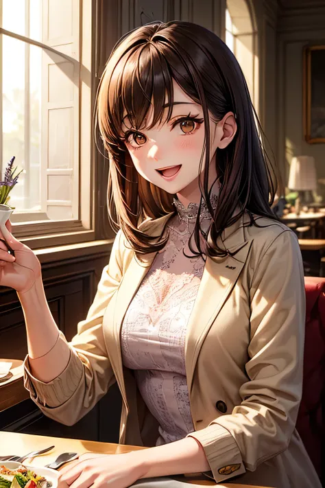 A poised woman,(parted bangs) chestnut-colour medium length hair,((( brown eyes))),In a soft lavender lace dress and beige short jacket, she sits at a table in an elegant French restaurant,Sunlight streams through the window,(open mouth),smile,Salad on tab...