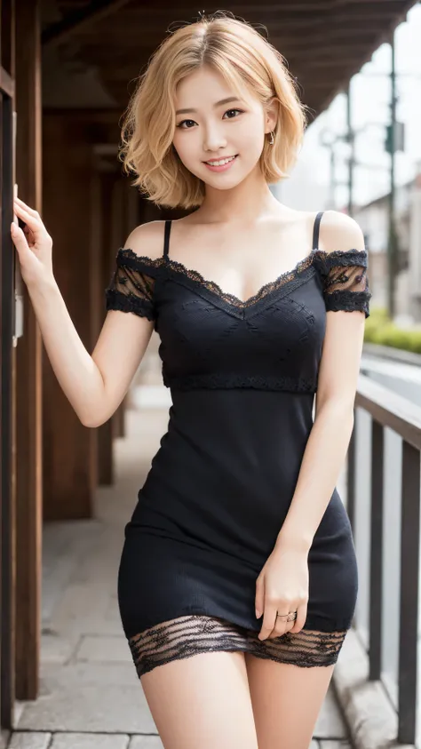 ( Very cute 25 year old young woman from Japan ),  (( Fine hair between brown and blonde )), (( messy side wave short hair )),Large bust size､chest､ (((Clean hands)))，( curly hair)，((( very gentle smile ))), ((( she wears black lace panties)))，((( wearing ...