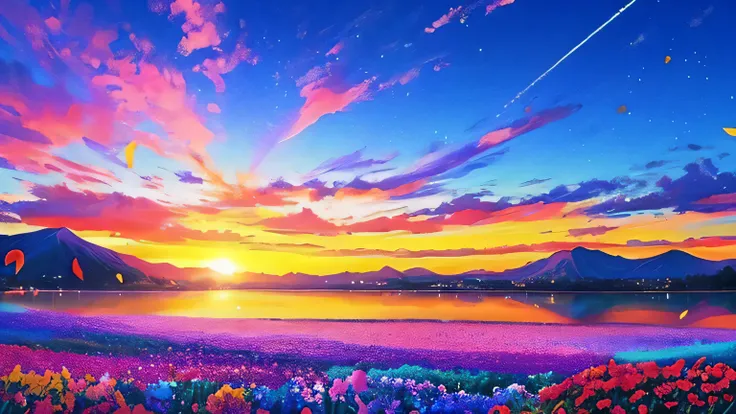 Score 9, score up 8,  score increased by 7, (Highest quality), ((masterpiece)),  blue reflections, Fire Reflection, beautiful sky from the light source, Beautiful spectacular sunset,  Beautiful dreamscape , beautiful sky from the light source  Anime, garde...