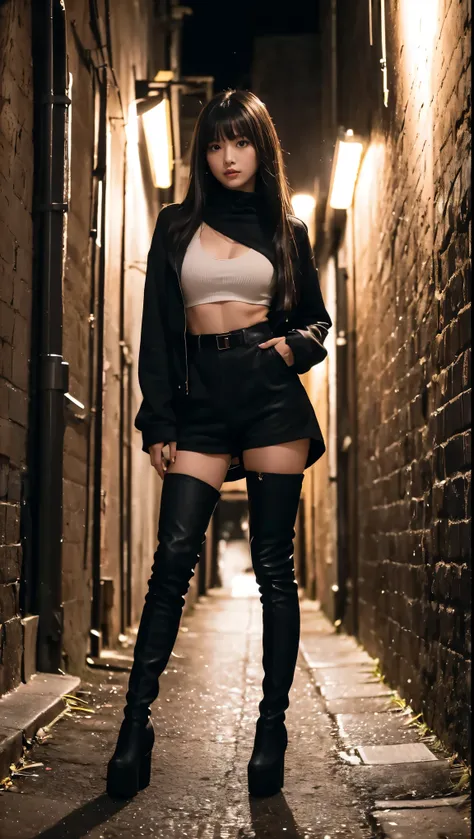  full body shot、Outdoors、masterpiece、Highest quality、high resolution、realistic、(In a dark alley at night)、(Woman wearing black knee-high boots and black shorts running away from men in a narrow alley on a dark night with no one)、(A frightened 18-year-old b...