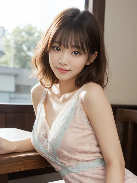 ( Very cute 25 year old young woman from Japan ),  (( Fine hair between brown and blonde )), (( messy side wave short hair )),Large bust size､chest､ (((Clean hands)))，( curly hair)，((( very gentle smile ))), (((I'm wearing lace panties )))，((( wearing a ra...