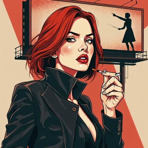 Redhead in vector smoking a cigarette and pointing to a billboard.all in vector