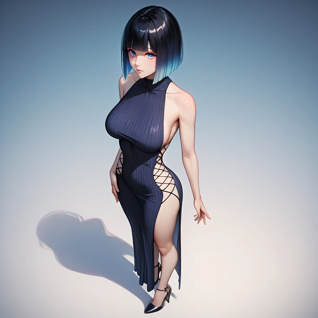 hand on own ass,((pastel blue black, hair, gradient hair ), best quality 、 Masterpiece、( professional lighting )、 surreal、(high heels suitable for a 25 year old woman) ,(Nipples:0.65), Charming、 slender supermodel 、 one adult female , (full body, (Head-to-...