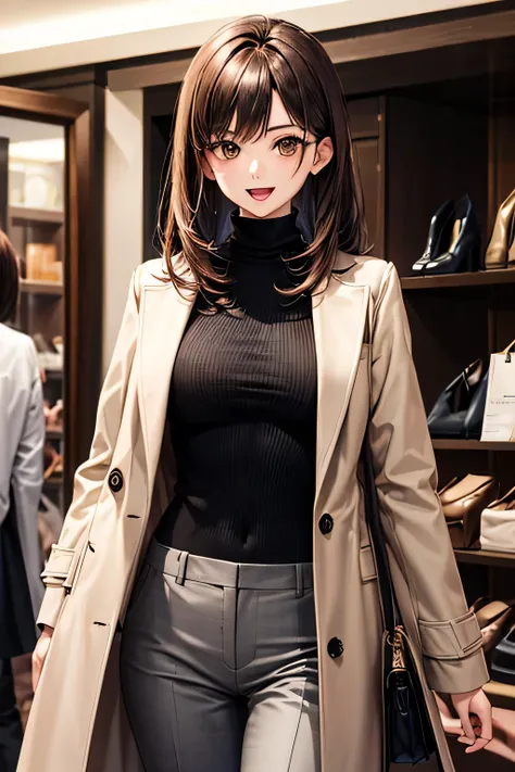 A poised woman,(parted bangs) chestnut-colour medium length hair,((( brown eyes))),(open mouth),smile,She dons a black turtleneck, gray slim pants, and a long coat, browsing in a high-end boutique. She picks out a stylish tie with a playful smile, the bout...