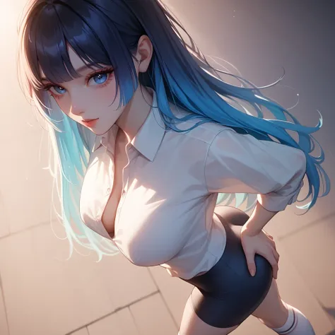 hand on own ass, ((pastel blue black, hair, gradient hair ),best quality 、 Masterpiece、( professional lighting without shadows )、 surreal, charming、 figure like a slender supermodel 、 One Girl , (looking at viewer, looking ahead, from above), (slightly lar...