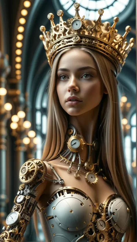  queen из серебра и золота, gorgeous and sensual, with very long hair and thin,  slender legs  ,  queen, topped with a large, finely detailed crown, timeart , anatomically very realistic, whole body,  anatomical detail ,  side view, hair, cinematic, profes...