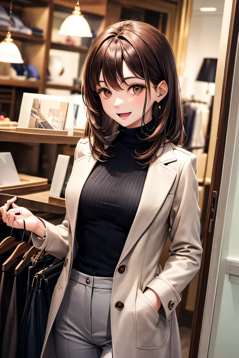 A poised woman,(parted bangs) chestnut-colour medium length hair,((( brown eyes))),(open mouth),smile,She dons a black turtleneck, gray slim pants, and a long coat, browsing in a high-end boutique. She picks out a stylish tie with a playful smile, the bout...