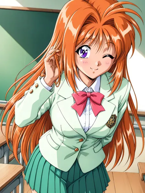 masterpiece, best quality, SaekiRuruna, 1girl, solo, long hair, orange hair, purple eyes, medium breasts, antenna hair, Fruitfulness,smile, one eye closed,blush, 1990s \(style\), School Uniform,blazer,jacket, Collared shirt,Long sleeves,leaning forward,han...