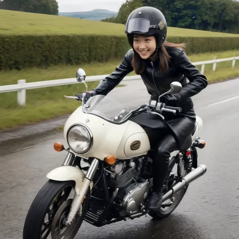 (A young female rider speeds along on a motorcycle)、Vintage Bikes、Bluff Superior SS100、Isle of Man Races、Leather jumper、Cromwell helmet with goggles、After the Rain、English countryside、(Highest quality, masterpiece, High resolution)、8k、wallpaper,masterpiece...