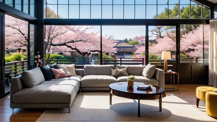 masterpiece, best quality,(Photo-realistic:1.3), living room, ((Stylish)), ((modern)), (wide), (High ceilings:1.3), ((cherry blossom)), (nice view:1.4)