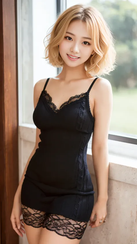 ( Very cute 20 year old young woman from Japan ),  (( Fine hair between brown and blonde )), (( messy side wave short hair )), medium bust size ､ Tiny Breasts ､ (((Clean hands)))，( curly hair)，((( very gentle smile ))), ((( she wears black lace panties)))，...