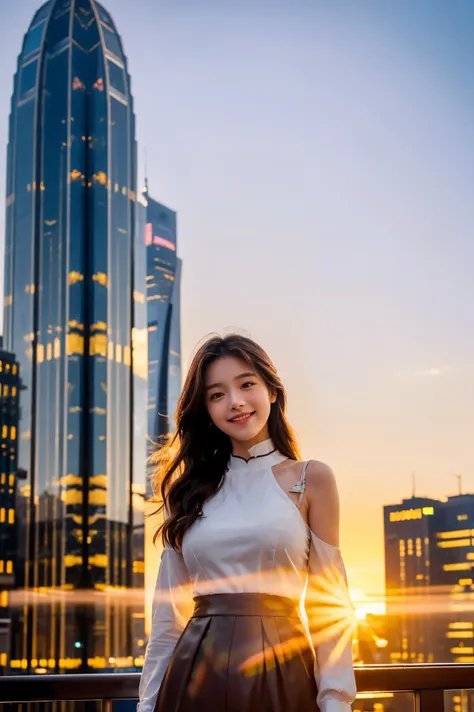  cute face like an 18-year-old idol in a luxury hotel　Smiles Gently　Whole body　(((Beautiful sunset in a big city lined with skyscrapers)))　live-action　High Artistic Quality　 RAW photos 　Genuine