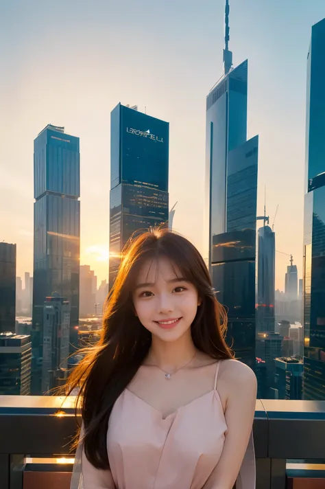  cute face like an 18-year-old idol in a luxury hotel　Smiles Gently　Whole body　(((Beautiful sunset in a big city lined with skyscrapers)))　live-action　High Artistic Quality　 RAW photos 　Genuine