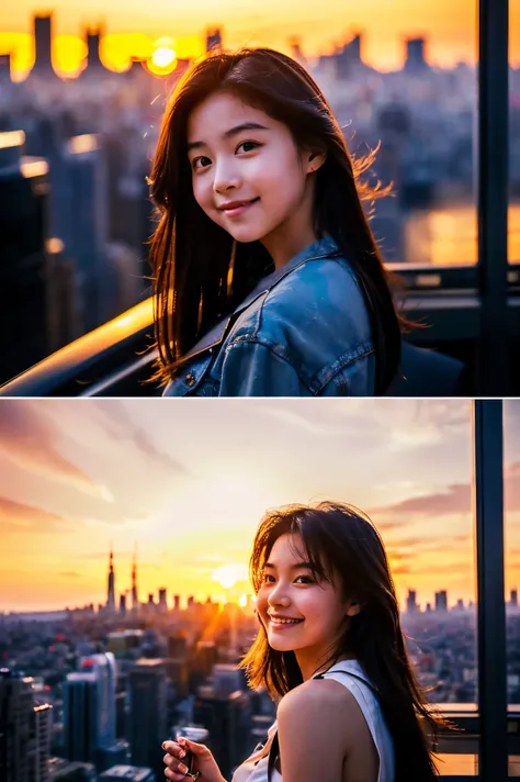  cute face like an 18-year-old idol in a luxury hotel　Smiles Gently　Whole body　(((Beautiful sunset in a big city lined with skyscrapers)))　Depictions that are indistinguishable from live action　High Artistic Quality　 RAW photos 　Genuine