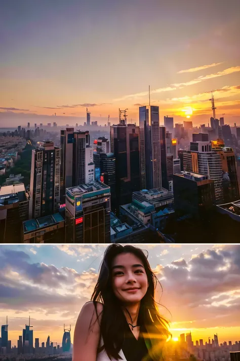  cute face like an 18-year-old idol in a luxury hotel　Smiles Gently　Whole body　(((Beautiful sunset in a big city lined with skyscrapers)))　Depictions that are indistinguishable from live action　High Artistic Quality　 RAW photos 　Genuine