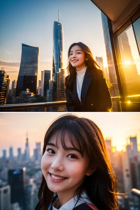  cute face like an 18-year-old idol in a luxury hotel　Smiles Gently　Whole body　(((Beautiful sunset in a big city lined with skyscrapers)))　Depictions that are indistinguishable from live action　High Artistic Quality　 RAW photos 　Genuine