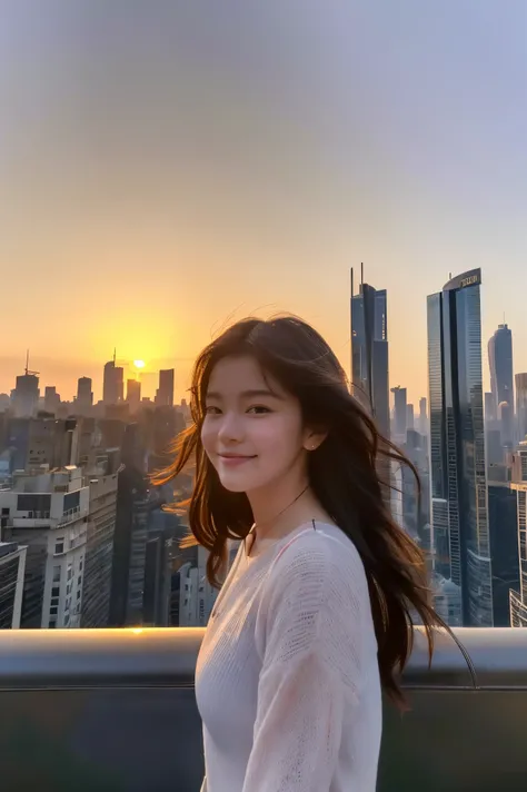  cute face like an 18-year-old idol in a luxury hotel　Smiles Gently　Whole body　(((Beautiful sunset in a big city lined with skyscrapers)))　Depictions that are indistinguishable from live action　High Artistic Quality　 RAW photos 　Genuine