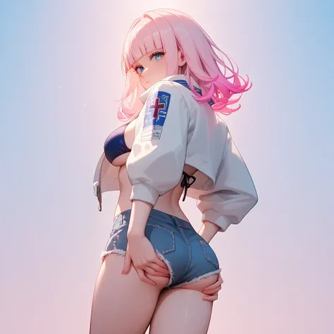 hand on own ass, (pastel white pink hair, gradient hair ),top quality、 ( professional lighting without shadows )、 surreal, is fascinating、 figure like a slender supermodel、 1 girl,, ( big breasts, Belly button exposed), ( flat at honny, beautiful skin)), (...