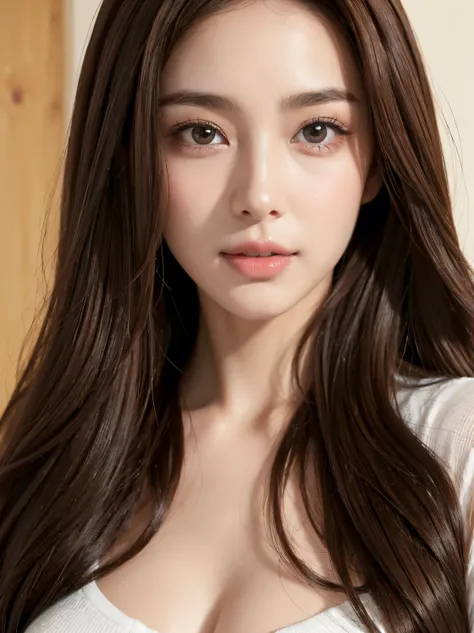  (((Smooth brown hair:1.4))),(((32ｋ, high detail on the faces, high detail on the face、 Masterpiece,  attention to detail , alone))), RAW Photo &   realistic atmosphere, beautiful dark blue eyes ,Detailed mouth, glossy lips, thin eyebrows, beautiful eyes、 ...