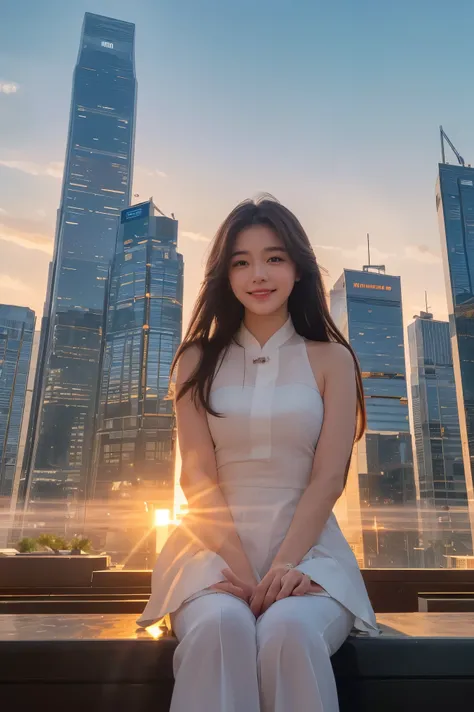  cute face like an 18-year-old idol in a luxury hotel　Smiles Gently　Whole body　(((Beautiful sunset in a big city lined with skyscrapers)))　Depictions that are indistinguishable from live action　High Artistic Quality　 RAW photos 　Genuine