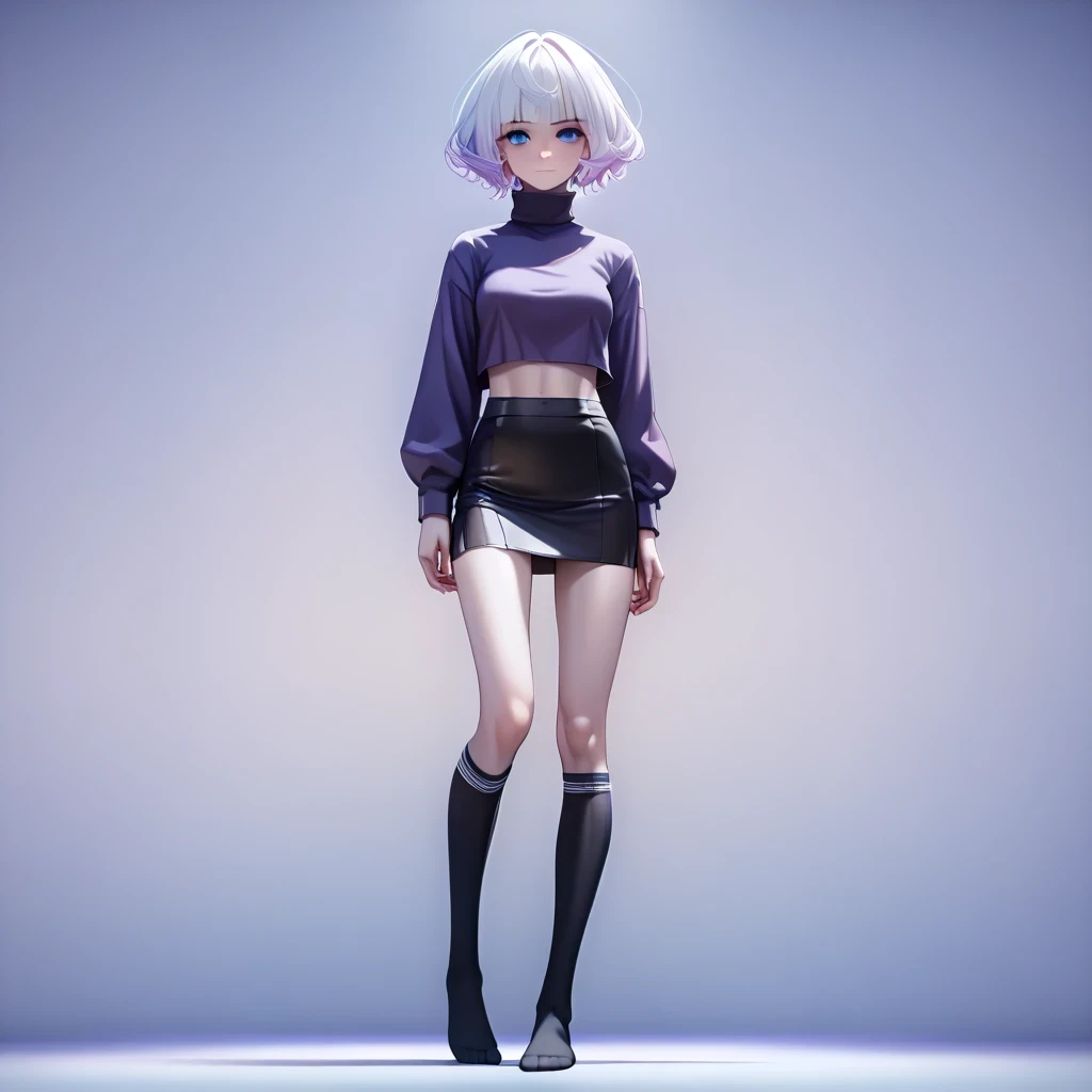 ((pastel purple White hair, gradient hair ), best quality 、 Masterpiece、( professional lighting )、 surreal、 ,(Nipples:0.2), Charming、 slender supermodel 、  one adult female , (full body, (Head-to-toe shot:1.4), (とても大きい胸, midriff peek ), (pale skin ), ( bri...