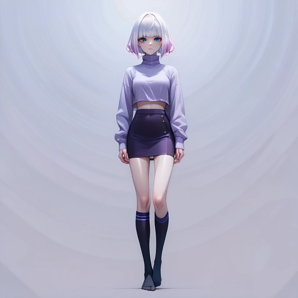 ((pastel purple White hair, gradient hair ), best quality 、 Masterpiece、( professional lighting )、 surreal、 ,(Nipples:0.2), Charming、 slender supermodel 、  one adult female , (full body, (Head-to-toe shot:1.4), (とても大きい胸, midriff peek ), (pale skin ), ( bri...