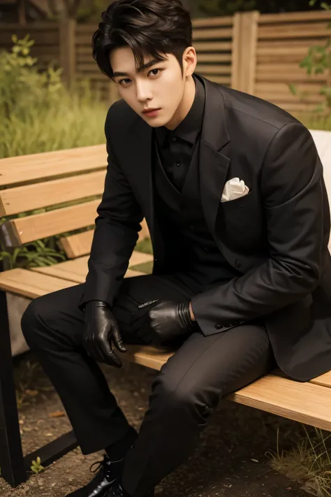 A slim muscular, Full body shot of a handsome K-pop male idol in a black suit and leather gloves. lay down Showing abs in a backyard bench at late evening.sexy.try to rape.realistic high quality .intricate detail face , ultra high res, uhd