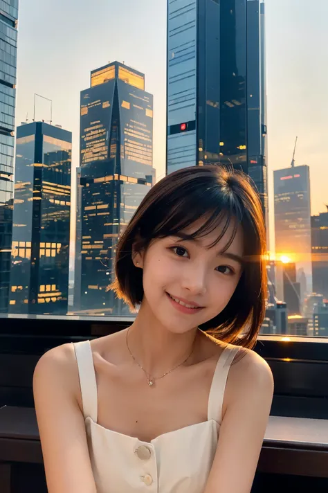  cute face like an 18-year-old idol in a luxury hotel　Smiles Gently　Whole body　(((Beautiful sunset in a big city lined with skyscrapers)))　Depictions that are indistinguishable from live action　 RAW photos 　Genuine